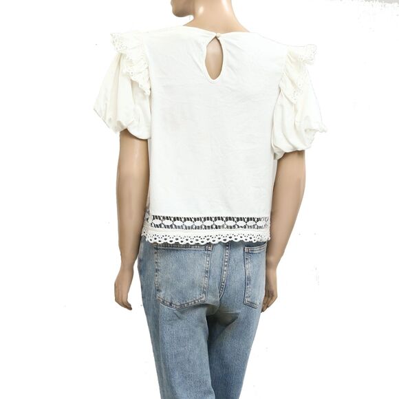 By Anthropologie Puff-Sleeve Cutwork Blouse Top Embroidered Cotton M NWD 280426 - Picture 7 of 11
